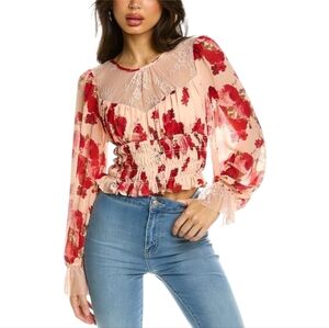 Free People Daphne Blouse Lace Red Pink Combo Feminine Size Medium